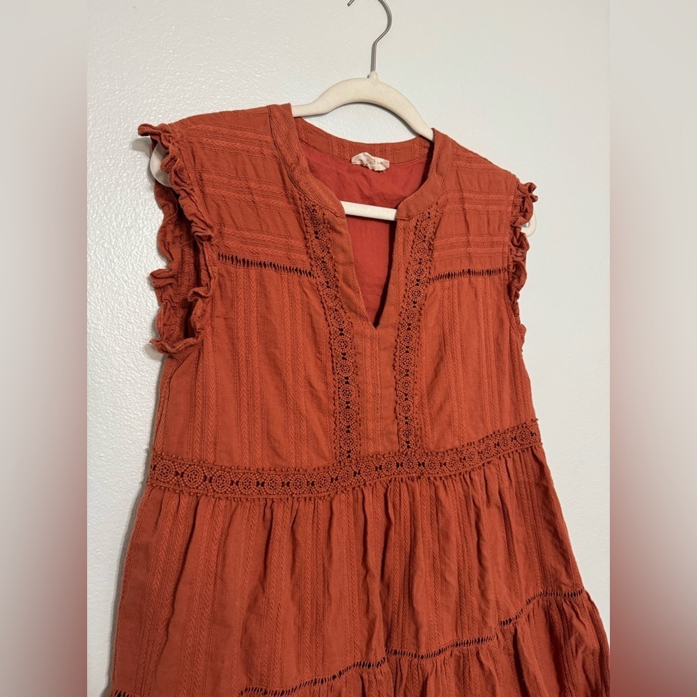 Altar’d State Cotton Tiered V Neck Mini Dress in Burnt Orange - Picture 4 of 8
